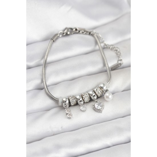 Pirinç Gümüş Renk Kalp Charmlı Kadın Bileklik - TJ-BB8208