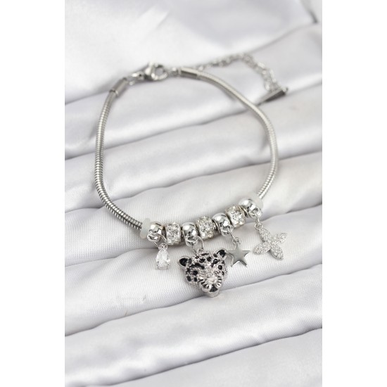 Pirinç Gümüş Renk Kaplan Model Charmlı Kadın Bileklik - TJ-BB8212