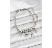 Pirinç Gümüş Renk Göz Model Charmlı Kadın Bileklik - TJ-BB8216