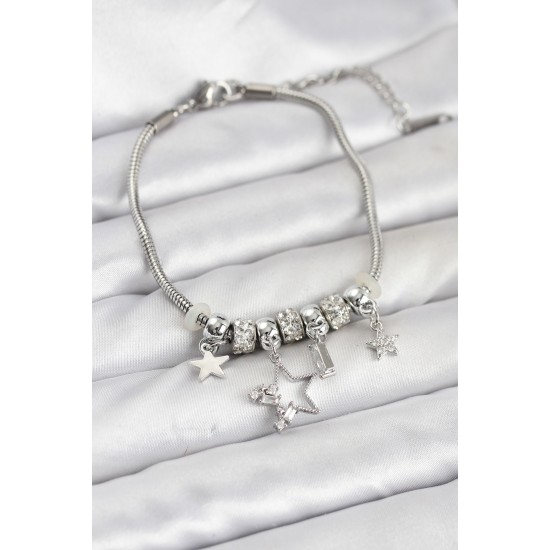 Gümüş Renk Pirinç Yıldız Model Charmlı Kadın Bileklik - TJ-BB8220