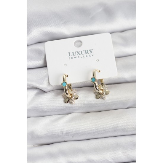 Mavi Taş Detaylı Pirinç Gold Renk Kadın Göçmen Küpesi - TJ-BKP11598