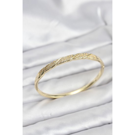 Pirinç Gold Renk Zirkon Taşlı Model Kadın Kelepçe Bileklik - TJ-BB8226