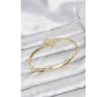 Pirinç Gold Renk Zirkon Taşlı Yonca Model Kadın Kelepçe Bileklik - TJ-BB8227