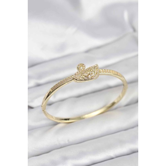 Pirinç Gold Renk Zirkon Taşlı Kuğu Model Kadın Kelepçe Bileklik - TJ-BB8228