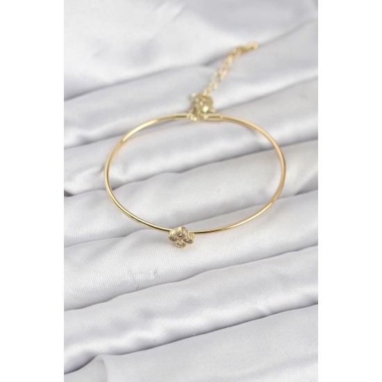 Zirkon Taşlı Yonca Model Gold Renk Kadın Bileklik - TJ-BB8235