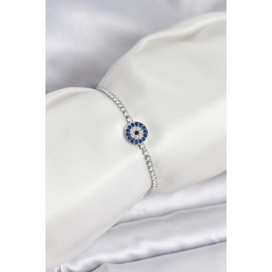 Gümüş Renk Nazar Model Zirkon Taşlı Asansörlü Su Yolu Bileklik - TJ-BB8237