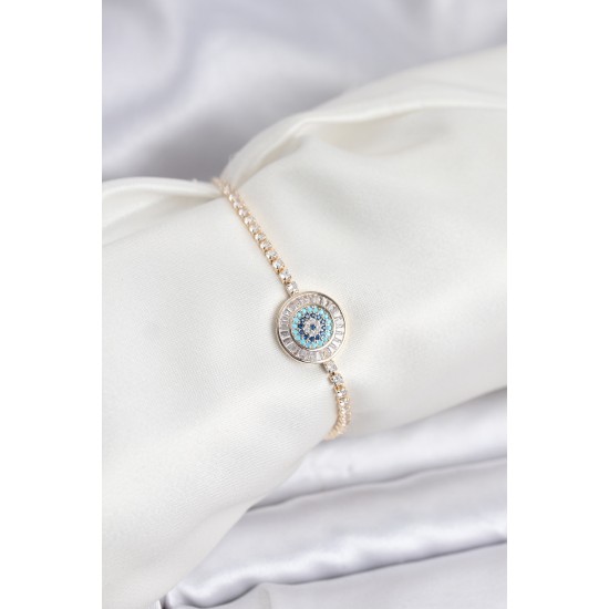 Gold Renk Nazar Model Zirkon Taşlı Asansörlü Su Yolu Bileklik - TJ-BB8238