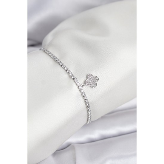 Yonca Model Zirkon Taşlı Gümüş Renk Asansörlü Su Yolu Bileklik - TJ-BB8243