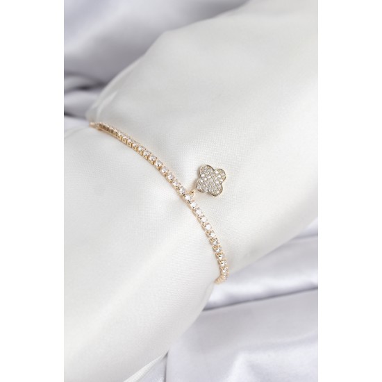 Yonca Model Zirkon Taşlı Gold Renk Asansörlü Su Yolu Bileklik - TJ-BB8244