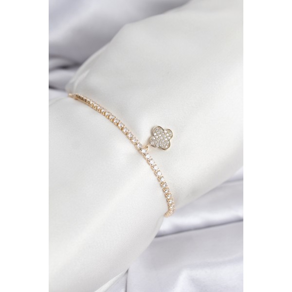 Yonca Model Zirkon Taşlı Gold Renk Asansörlü Su Yolu Bileklik - TJ-BB8244