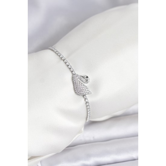 Kuğu Model Zirkon Taşlı Gümüş Renk Asansörlü Su Yolu Bileklik - TJ-BB8245