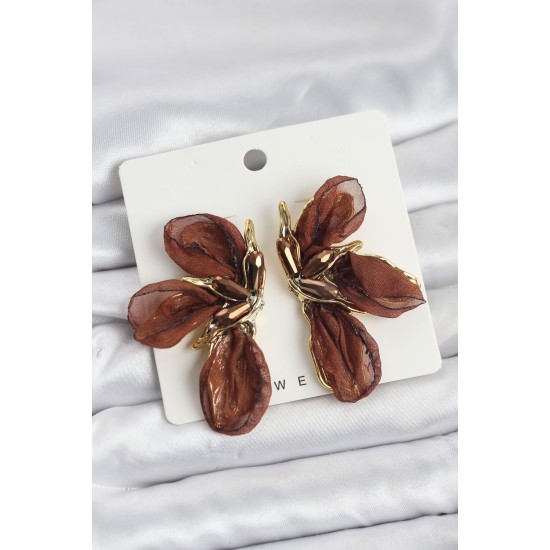 Lotus Model Kahverengi Renk Tüllü Kadın Küpe - TJ-BKP11631