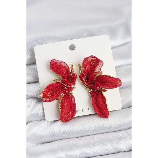 Lotus Model Kırmızı Renk Tüllü Kadın Küpe - TJ-BKP11635