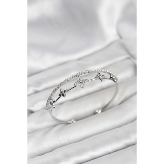 Pirinç Gümüş Renk Çiçek Model Kadın Bileklik - TJ-BB8254