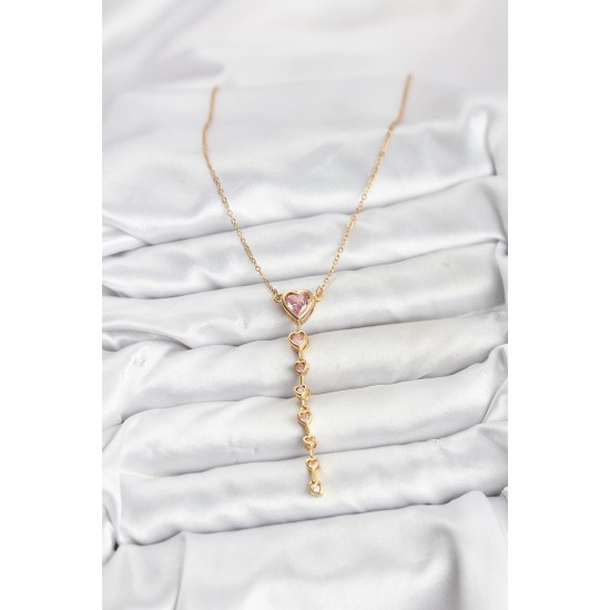 316L Çelik Zincir Gold Renk Pembe Kalp Kadın Kolye - TJ-BKO10820