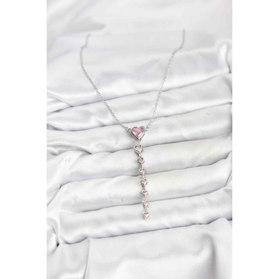 316L Çelik Zincir Gümüş Renk Pembe Kalp Kadın Kolye - TJ-BKO10821
