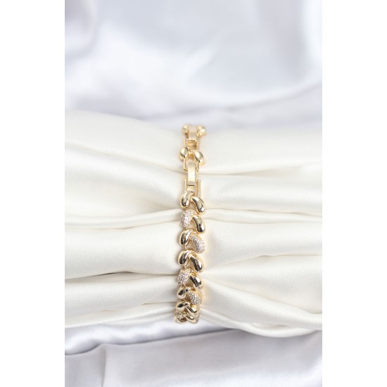 Pirinç Gold Renk VIP Seri Sarmal Damla Model Zirkon Taşlı Kadın Bileklik - TJ-BB8268