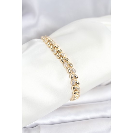 Pirinç Gold Renk VIP Seri Sarmal Damla Model Zirkon Taşlı Kadın Bileklik - TJ-BB8268