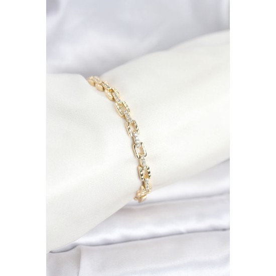 Pirinç Gold Renk VIP Seri Zincir Model Zirkon Taşlı Kadın Bileklik - TJ-BB8270