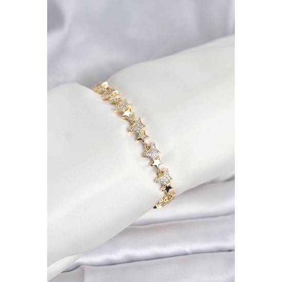 Pirinç Gold Renk VIP Seri Yıldız Model Zirkon Taşlı Kadın Bileklik - TJ-BB8271