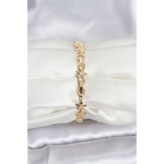 Pirinç Gold Renk VIP Seri Sıralı Taşlı Yıldız Model Zirkon Taşlı Kadın Bileklik - TJ-BB8272