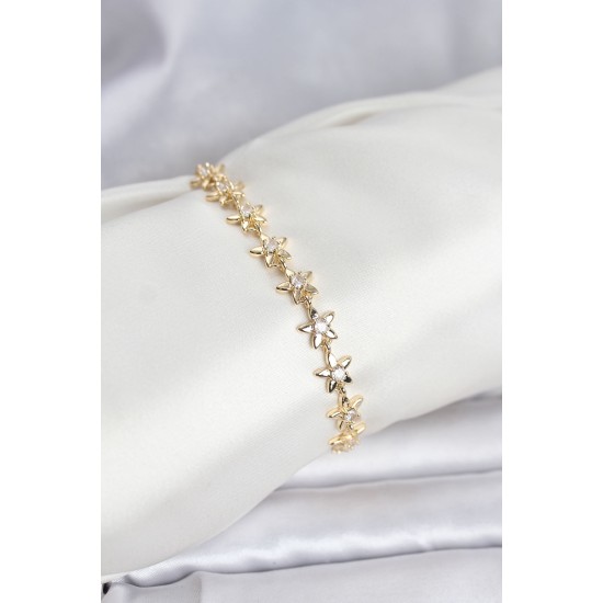 Pirinç Gold Renk VIP Seri Sıralı Taşlı Yıldız Model Zirkon Taşlı Kadın Bileklik - TJ-BB8272
