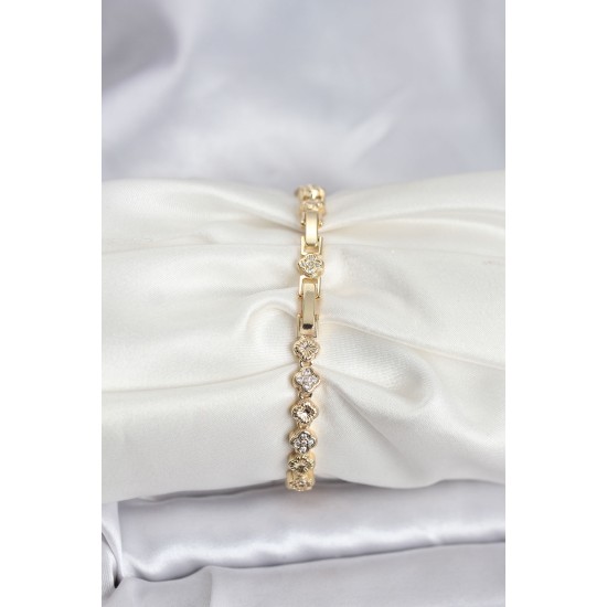 Pirinç Gold Renk VIP Seri Sıralı Yonca Model Zirkon Taşlı Kadın Bileklik - TJ-BB8273