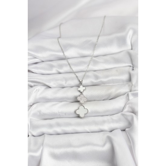 316L Çelik Zincir Gümüş Renk Yonca Detaylı Zirkon Taşlı Kadın Kolye - TJ-BKO10828