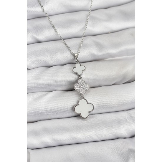 316L Çelik Zincir Gümüş Renk Yonca Detaylı Zirkon Taşlı Kadın Kolye - TJ-BKO10828