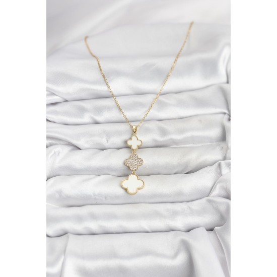 316L Çelik Zincir Gold Renk Yonca Detaylı Zirkon Taşlı Kadın Kolye - TJ-BKO10829
