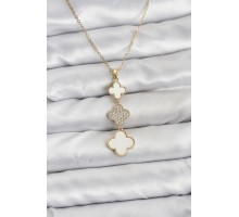 316L Çelik Zincir Gold Renk Yonca Detaylı Zirkon Taşlı Kadın Kolye - TJ-BKO10829