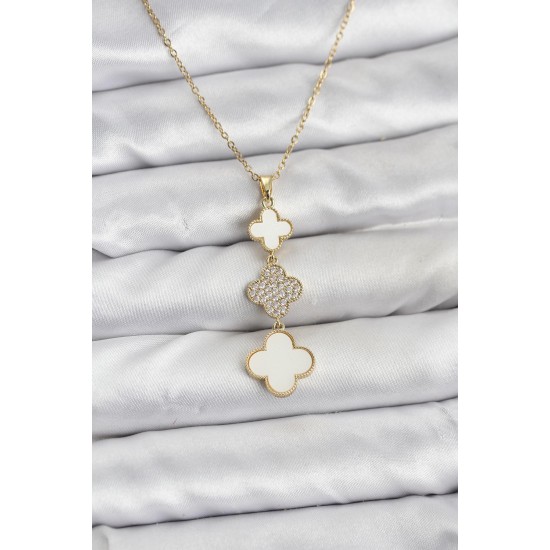 316L Çelik Zincir Gold Renk Yonca Detaylı Zirkon Taşlı Kadın Kolye - TJ-BKO10829