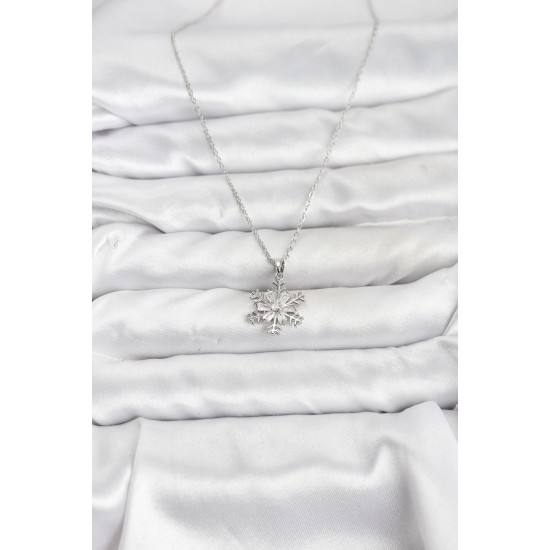 316L Çelik Zincir Gümüş Renk Kar Tanesi Model Zirkon Taşlı Kadın Kolye - TJ-BKO10830