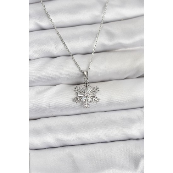316L Çelik Zincir Gümüş Renk Kar Tanesi Model Zirkon Taşlı Kadın Kolye - TJ-BKO10830