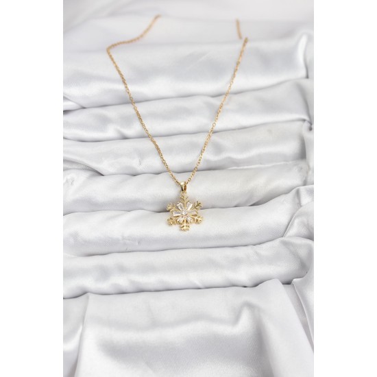 316L Çelik Zincir Gold Renk Kar Tanesi Model Zirkon Taşlı Kadın Kolye - TJ-BKO10831