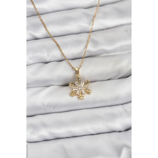 316L Çelik Zincir Gold Renk Kar Tanesi Model Zirkon Taşlı Kadın Kolye - TJ-BKO10831