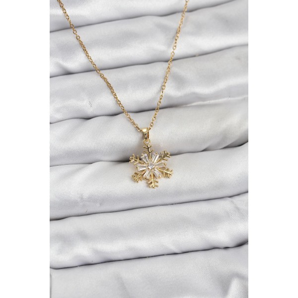316L Çelik Zincir Gold Renk Kar Tanesi Model Zirkon Taşlı Kadın Kolye - TJ-BKO10831