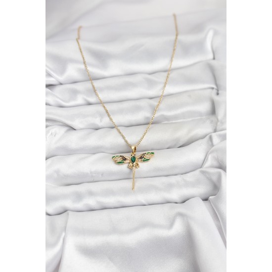 316L Çelik Zincir Gold Renk Yusufçuk Model Zirkon Taşlı Kadın Kolye - TJ-BKO10833