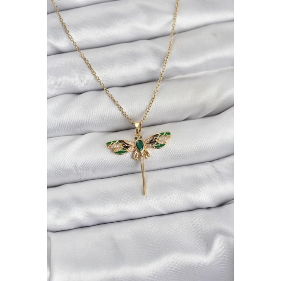 316L Çelik Zincir Gold Renk Yusufçuk Model Zirkon Taşlı Kadın Kolye - TJ-BKO10833