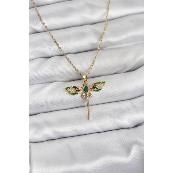 316L Çelik Zincir Gold Renk Yusufçuk Model Zirkon Taşlı Kadın Kolye - TJ-BKO10833