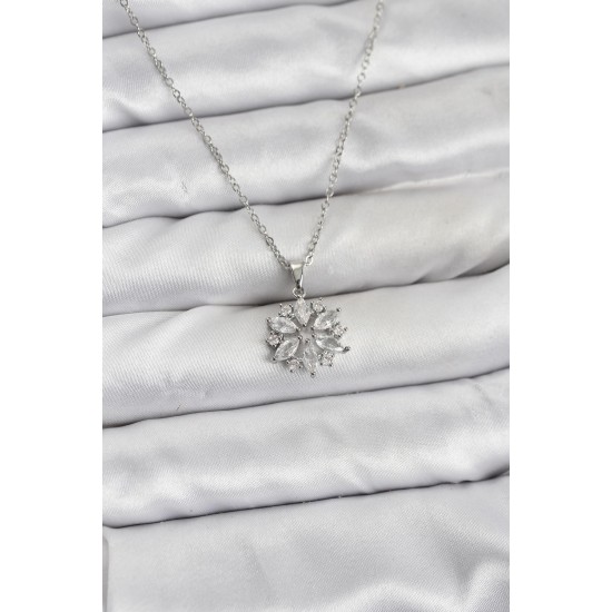 316L Çelik Zincir Gümüş Renk Lotus Model Zirkon Taşlı Kadın Kolye - TJ-BKO10834