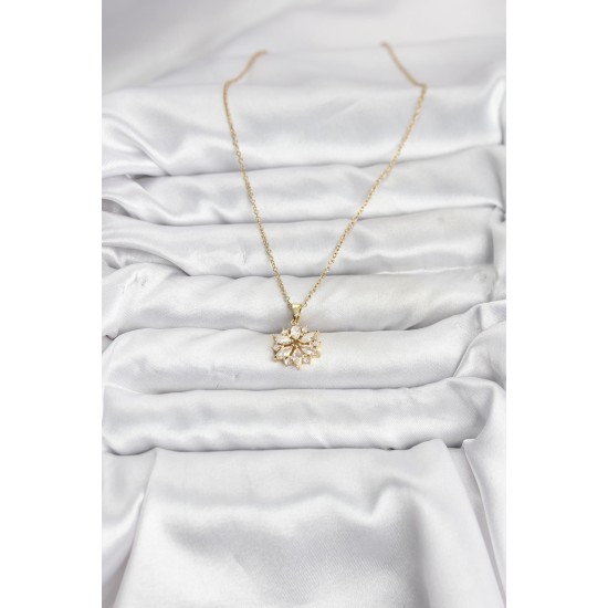 316L Çelik Zincir Gold Renk Lotus Model Zirkon Taşlı Kadın Kolye - TJ-BKO10835