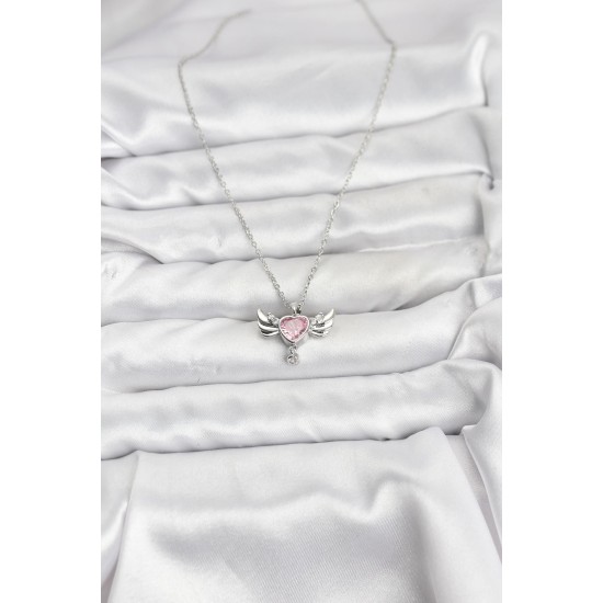 316L Çelik Zincir Gümüş Renk Kanatlı Kalp Model Zirkon Taşlı Kadın Kolye - TJ-BKO10836