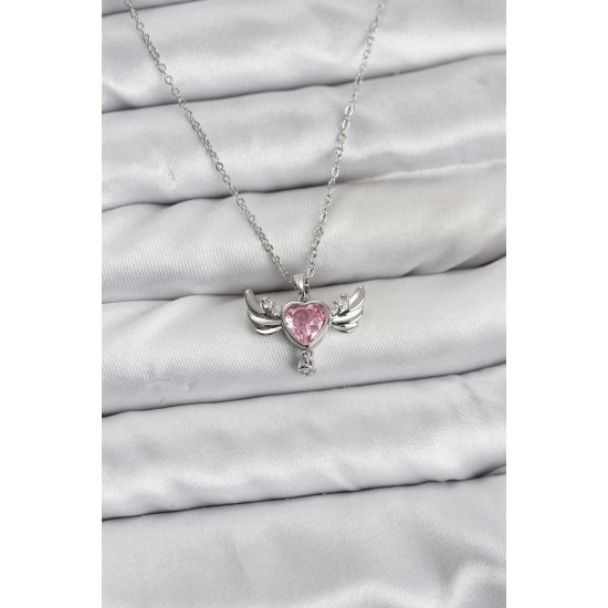 316L Çelik Zincir Gümüş Renk Kanatlı Kalp Model Zirkon Taşlı Kadın Kolye - TJ-BKO10836