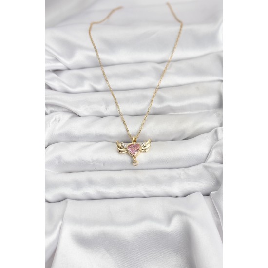 316L Çelik Zincir Gold Renk Kanatlı Kalp Model Zirkon Taşlı Kadın Kolye - TJ-BKO10837