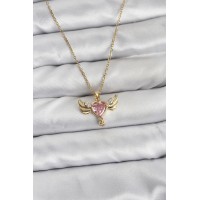 316L Çelik Zincir Gold Renk Kanatlı Kalp Model Zirkon Taşlı Kadın Kolye TJ-BKO10837