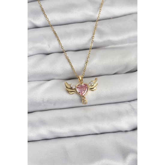 316L Çelik Zincir Gold Renk Kanatlı Kalp Model Zirkon Taşlı Kadın Kolye - TJ-BKO10837