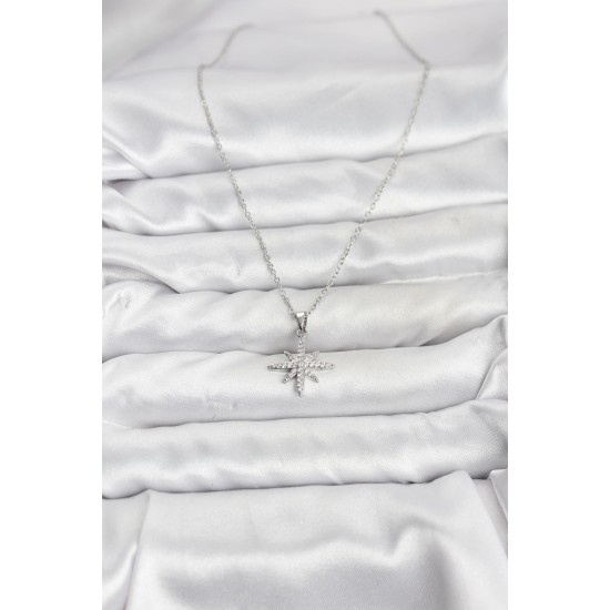 316L Çelik Zincir Gümüş Renk Kutup Yıldızı Model Zirkon Taşlı Kadın Kolye - TJ-BKO10838