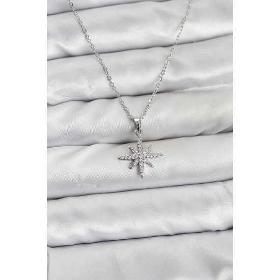 316L Çelik Zincir Gümüş Renk Kutup Yıldızı Model Zirkon Taşlı Kadın Kolye - TJ-BKO10838