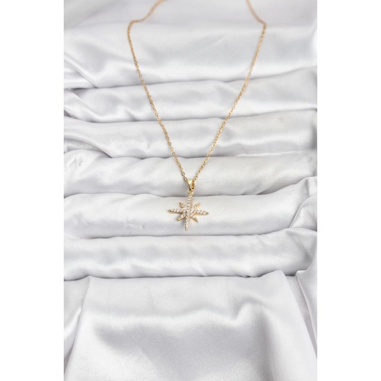 316L Çelik Zincir Gold Renk Kutup Yıldızı Model Zirkon Taşlı Kadın Kolye - TJ-BKO10839